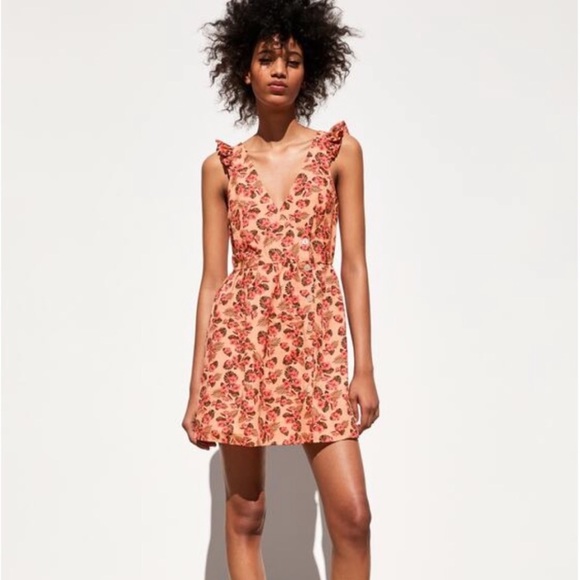 🏷NWT Zara Pink Rustic V-Neck Floral Mini Dress S - Picture 2 of 7